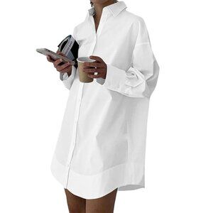 ISO LYANER Amazon Women's Shirt Dress Collar V Neck Button Down Long Sleeve XS